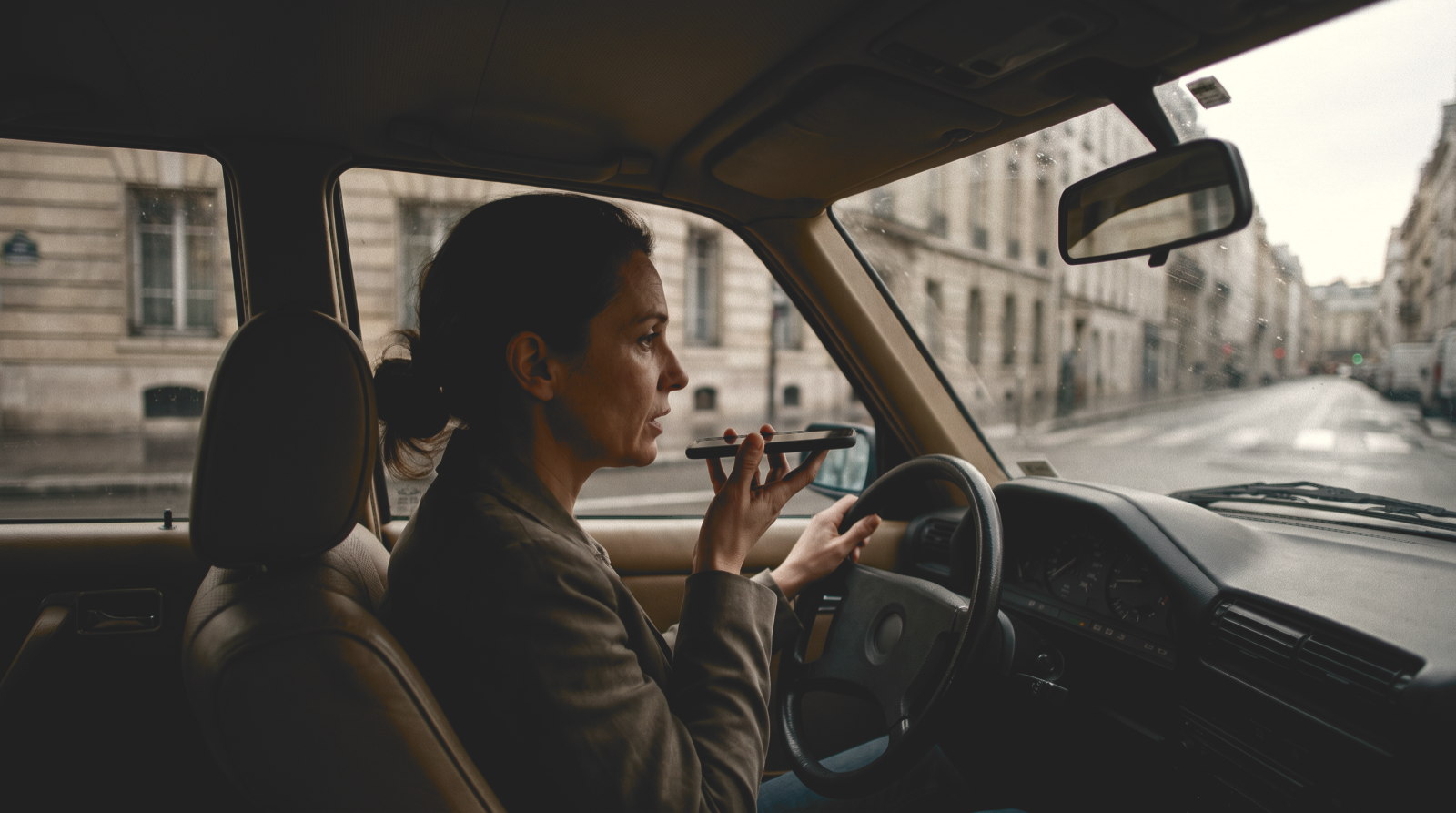A woman sits alone in the driver's seat of a parked car, seen in profile from the passenger seat, speaking with the phone held in her hand near her mouth. Low golden sunlight through the side window rims her hair and shoulder; a blurred street of pale stone buildings shows through the windscreen.